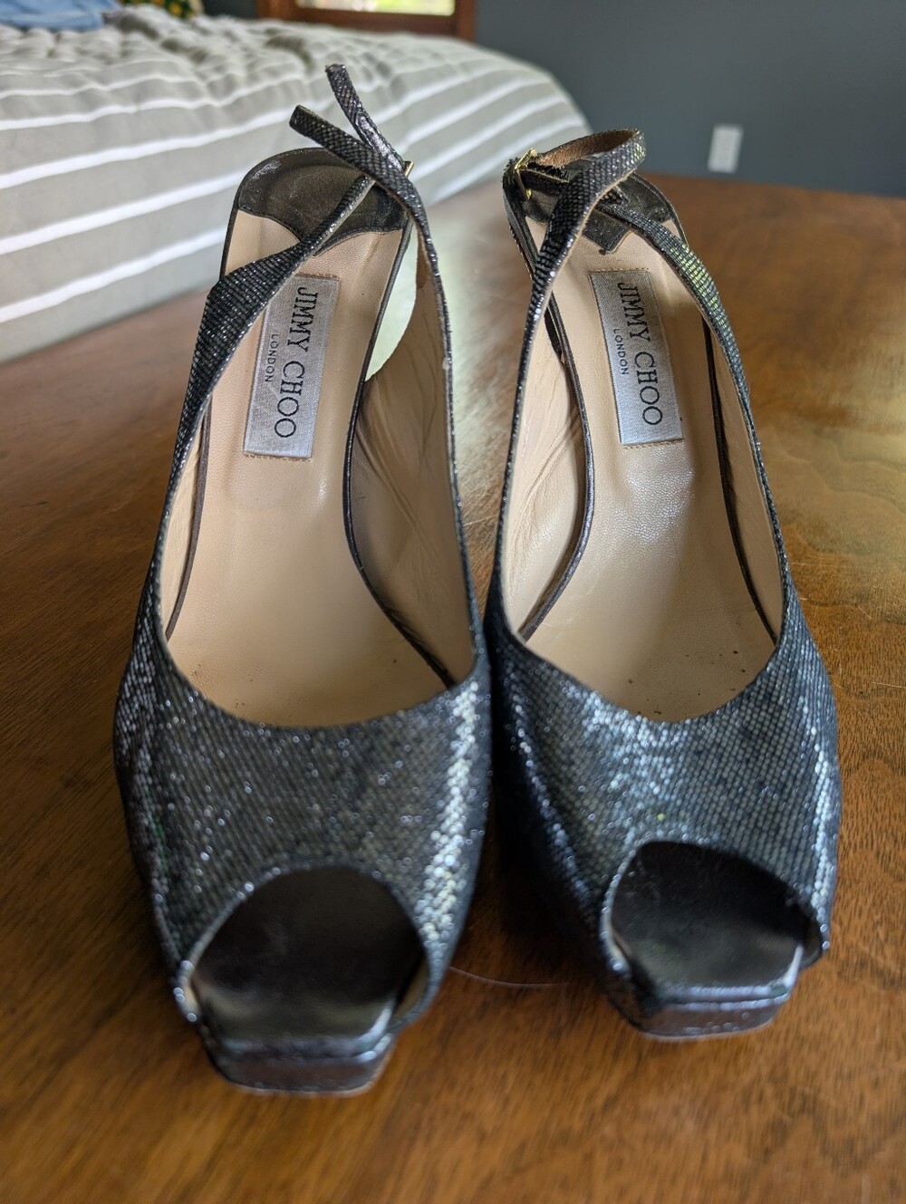 Jimmy Choo Sparkly Silver Peep-Toe Slingback Heels